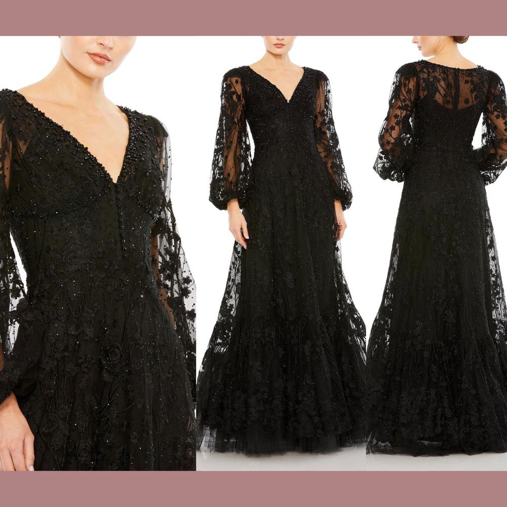 NWT Mac Duggal [ 18 ] 20430 V Neck Puff Sleeve A Line‎ Embroidered Gown Black
